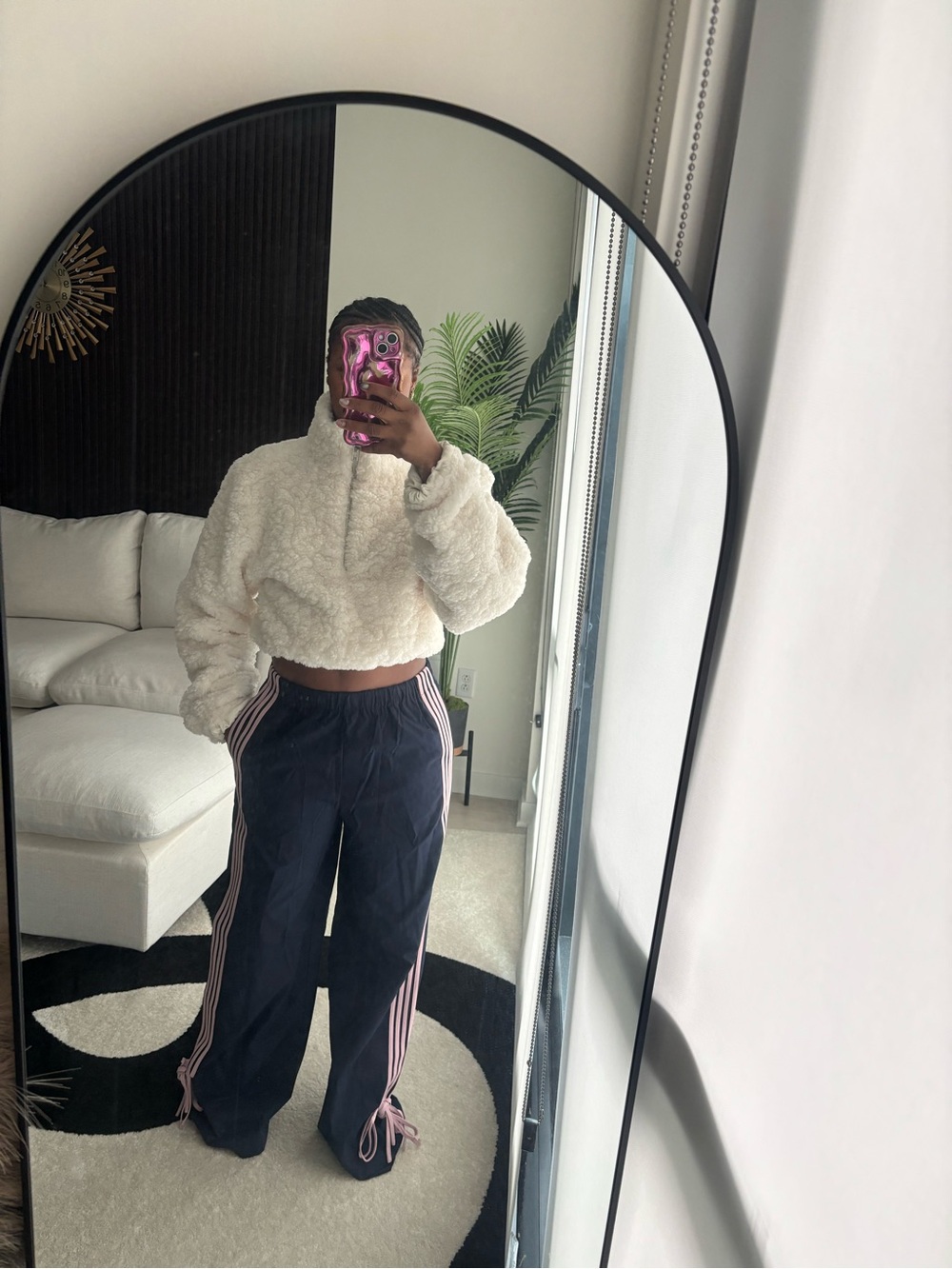 Prettylittlething Navy and Pink stripe sweat pants.
